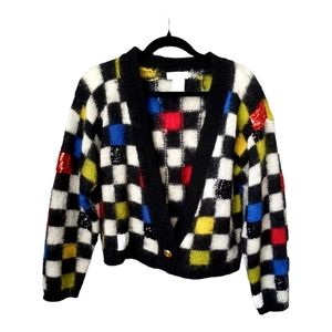Vintage 80's Mohair Cardigan Mod Checherboard Sequins Levante